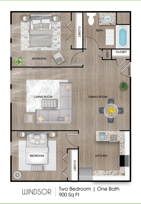Two Bed One Bath Floor Plan at The Camelot, West Hartford, CT  